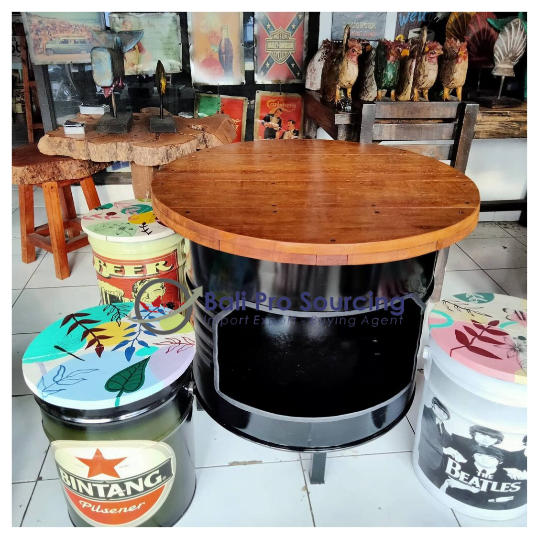 A Set Of Recycled Drum Table And Chairs