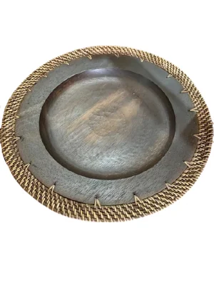 Assiette bois et rotin naturel - Assiette en bois et rotin
