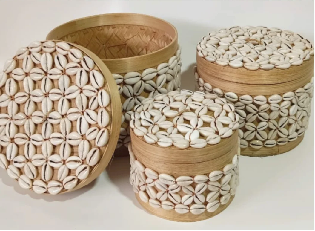A Set Of 3 Natural Bamboo Bali Box With Sea Shells