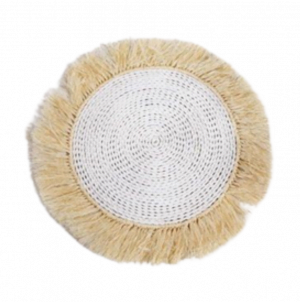 Napperon Palmier Blanc Rafia Avec Frange Marron Clair