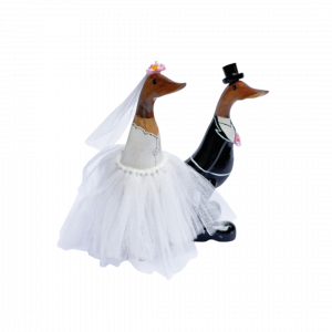 A Set Of 2 Wooden Duck In Wedding Dress And Suits