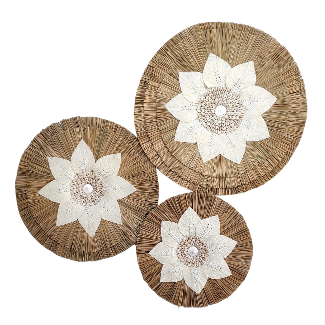 Dried Palm Leaf And Natural Grass With Sea Shells