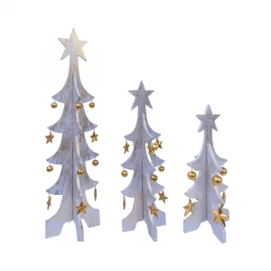 Set of 3 Wooden Christmas Tree With Star on Top gold