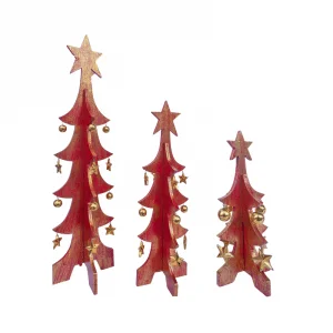 Set of 3 Wooden Christmas Tree With Star on Top red