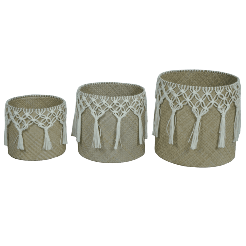 2022727 - set of 3 round basket with macrame